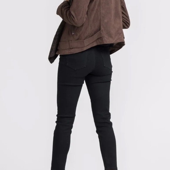 Lush Women’s Draped Faux Suede and Sweater Brown Open Front Moto Jacket Sz L - Picture 2 of 16